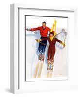 "Couple Downhill Skiing,"January 1, 1937-R.J. Cavaliere-Framed Giclee Print