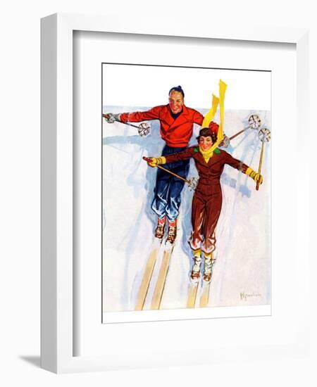 "Couple Downhill Skiing,"January 1, 1937-R.J. Cavaliere-Framed Giclee Print