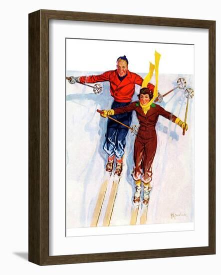 "Couple Downhill Skiing,"January 1, 1937-R.J. Cavaliere-Framed Giclee Print