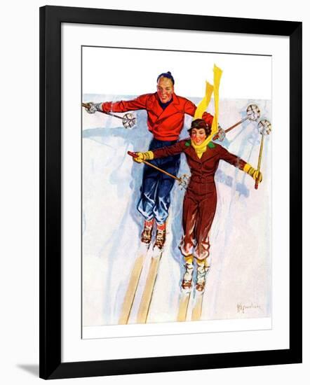 "Couple Downhill Skiing,"January 1, 1937-R.J. Cavaliere-Framed Giclee Print