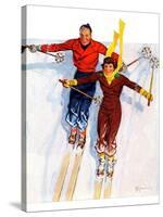 "Couple Downhill Skiing,"January 1, 1937-R.J. Cavaliere-Stretched Canvas