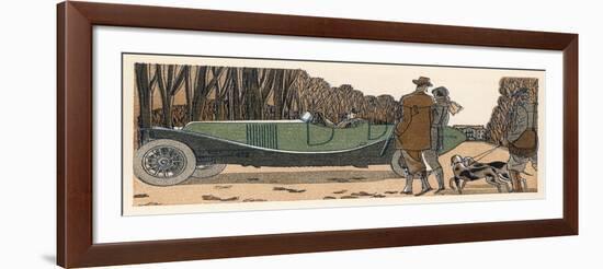 Couple in a Renault Pause to Exchange Chit-Chat with a Couple with Gun and Dogs and Gamekeeper-James De Coquet-Framed Art Print