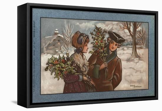 Couple in a Snowy Landscape-null-Framed Stretched Canvas