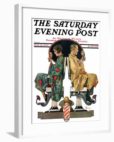 "Couple in Barber Chairs," Saturday Evening Post Cover, May 10, 1930-Elbert Mcgran Jackson-Framed Giclee Print