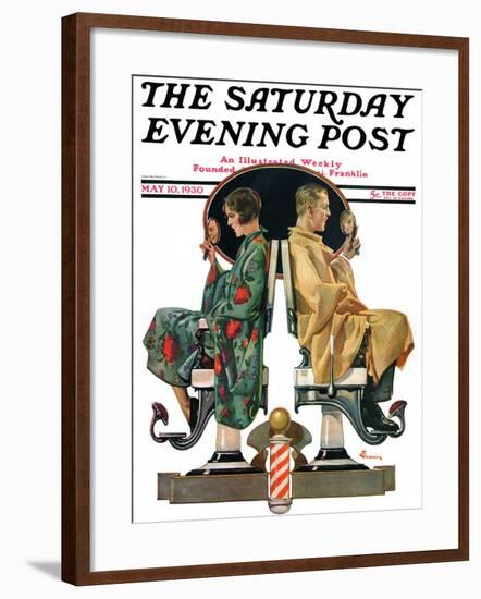 "Couple in Barber Chairs," Saturday Evening Post Cover, May 10, 1930-Elbert Mcgran Jackson-Framed Giclee Print