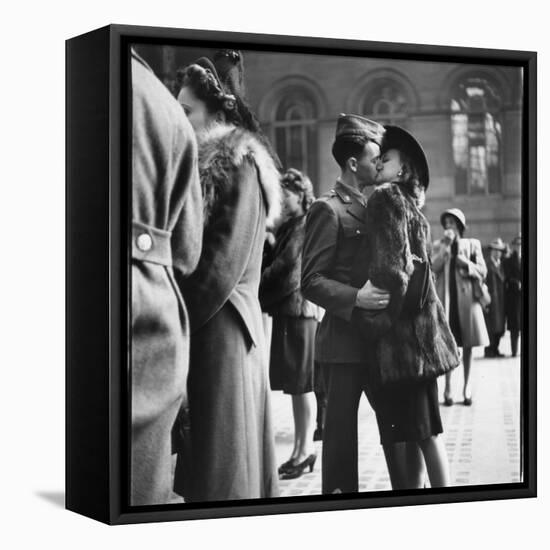 Couple in Penn Station Sharing Farewell Kiss Before He Ships Off to War During WWII-Alfred Eisenstaedt-Framed Stretched Canvas