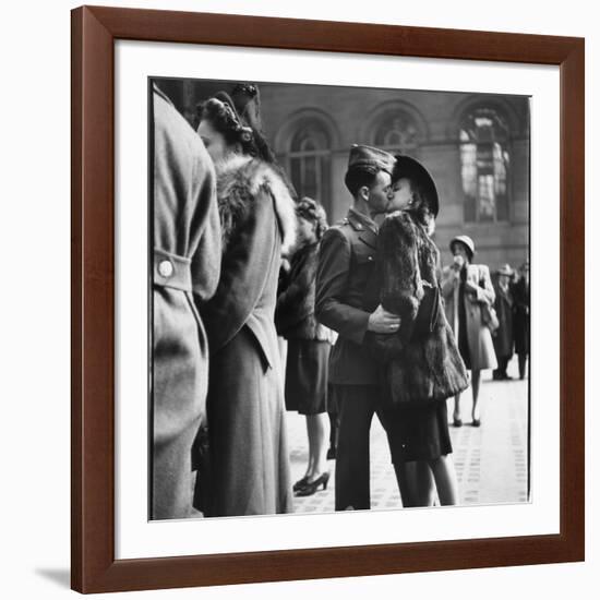 Couple in Penn Station Sharing Farewell Kiss Before He Ships Off to War During WWII-Alfred Eisenstaedt-Framed Photographic Print