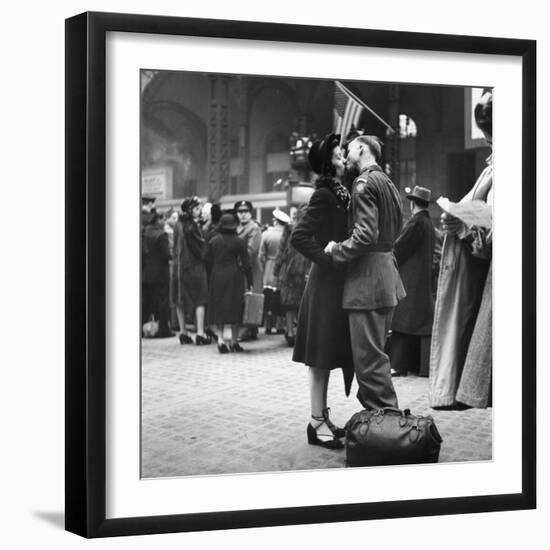 Couple in Penn Station Sharing Farewell Kiss Before He Ships Off to War During WWII-Alfred Eisenstaedt-Framed Photographic Print