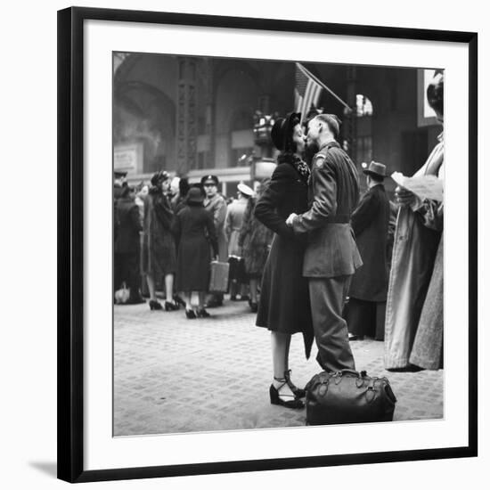 Couple in Penn Station Sharing Farewell Kiss Before He Ships Off to War During WWII-Alfred Eisenstaedt-Framed Photographic Print