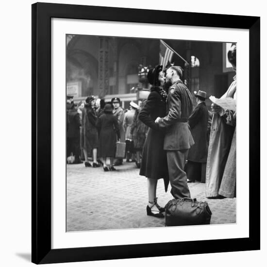 Couple in Penn Station Sharing Farewell Kiss Before He Ships Off to War During WWII-Alfred Eisenstaedt-Framed Photographic Print