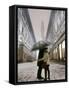 Couple Kiss Each Other During a Snowfall in Florence, Italy-null-Framed Stretched Canvas