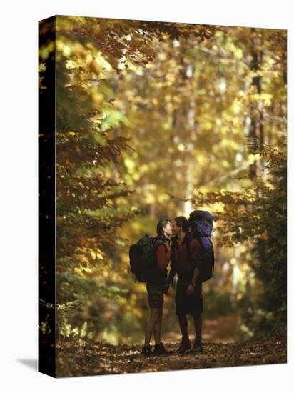 Couple Kissing on the Trail During a Hike, Woodstock, New York, USA-Chris Cole-Stretched Canvas