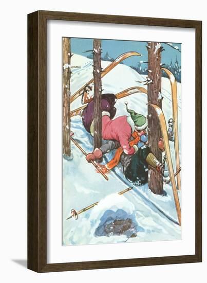 Couple Kissing While Crashing on Skis-null-Framed Art Print