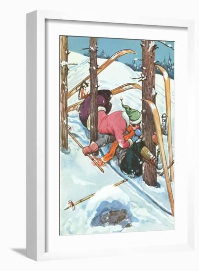 Couple Kissing While Crashing on Skis-null-Framed Art Print