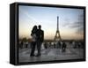 Couple Look Towards the Eiffel Tower, Paris, France, Europe-Andrew Mcconnell-Framed Stretched Canvas