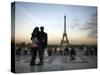 Couple Look Towards the Eiffel Tower, Paris, France, Europe-Andrew Mcconnell-Stretched Canvas