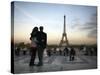 Couple Look Towards the Eiffel Tower, Paris, France, Europe-Andrew Mcconnell-Stretched Canvas