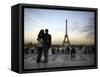 Couple Look Towards the Eiffel Tower, Paris, France, Europe-Andrew Mcconnell-Framed Stretched Canvas