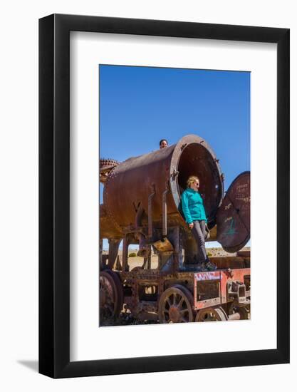 Couple of Tourists Visiting Cementerio De Trenes (Train Cemetery), Salar De Uyuni, Bolivia-Elzbieta Sekowska-Framed Photographic Print