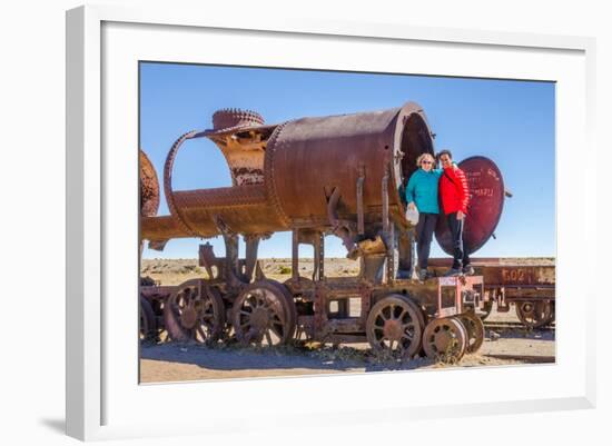 Couple of Tourists Visiting Cementerio De Trenes (Train Cemetery), Salar De Uyuni, Bolivia-Elzbieta Sekowska-Framed Photographic Print