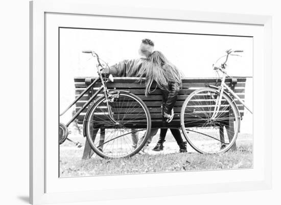 Couple on a Bench - Two Lovers Sitting on a Bench in a Park and Holding Themselves by Hands - Conce-Oneinchpunch-Framed Photographic Print