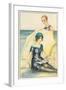 Couple on Beach in Swimming Costumes-null-Framed Art Print