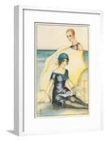 Couple on Beach in Swimming Costumes-null-Framed Art Print