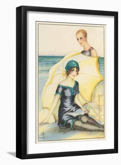 Couple on Beach in Swimming Costumes-null-Framed Art Print