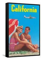 Couple on Beach with Airplane in Sky-null-Framed Stretched Canvas