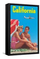 Couple on Beach with Airplane in Sky-null-Framed Stretched Canvas