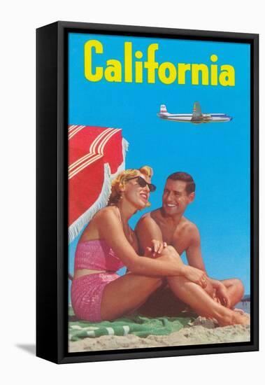 Couple on Beach with Airplane in Sky-null-Framed Stretched Canvas