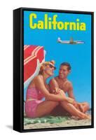 Couple on Beach with Airplane in Sky-null-Framed Stretched Canvas