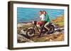 Couple on Motorcycle by Sea, Retro-null-Framed Art Print