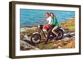 Couple on Motorcycle by Sea, Retro-null-Framed Art Print