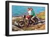 Couple on Motorcycle by Sea, Retro-null-Framed Art Print