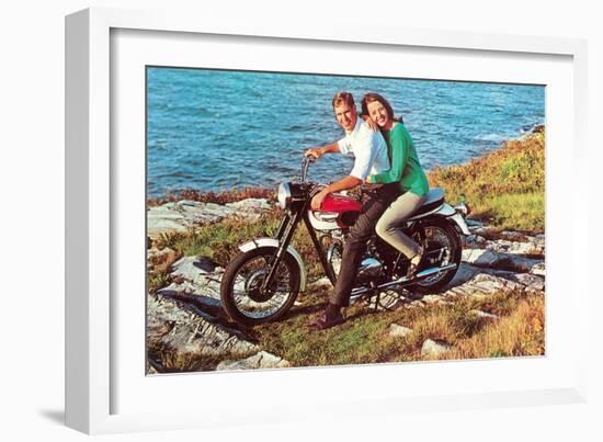 Couple on Motorcycle by Sea, Retro-null-Framed Art Print