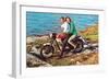 Couple on Motorcycle by Sea, Retro-null-Framed Art Print