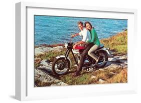 Couple on Motorcycle by Sea, Retro-null-Framed Art Print