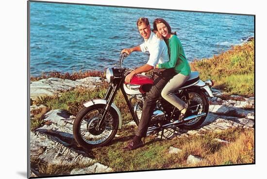 Couple on Motorcycle by Sea, Retro-null-Mounted Art Print