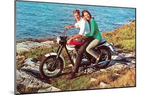 Couple on Motorcycle by Sea, Retro-null-Mounted Art Print