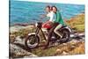 Couple on Motorcycle by Sea, Retro-null-Stretched Canvas