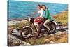 Couple on Motorcycle by Sea, Retro-null-Stretched Canvas