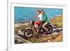 Couple on Motorcycle by Sea, Retro-null-Framed Premium Giclee Print