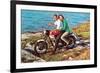 Couple on Motorcycle by Sea, Retro-null-Framed Premium Giclee Print