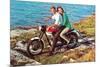 Couple on Motorcycle by Sea, Retro-null-Mounted Premium Giclee Print