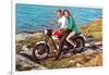 Couple on Motorcycle by Sea, Retro-null-Framed Art Print