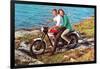 Couple on Motorcycle by Sea, Retro-null-Framed Art Print