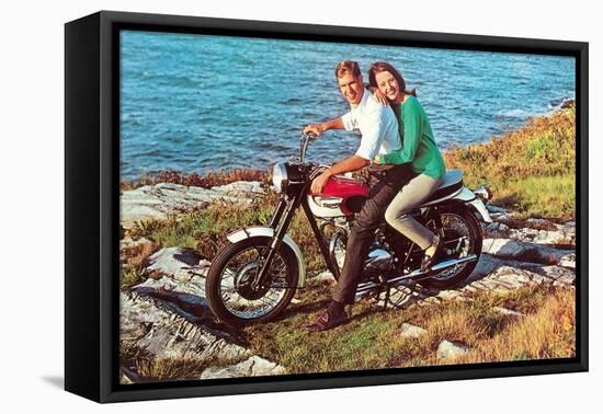 Couple on Motorcycle by Sea, Retro-null-Framed Stretched Canvas