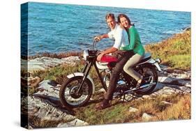 Couple on Motorcycle by Sea, Retro-null-Stretched Canvas