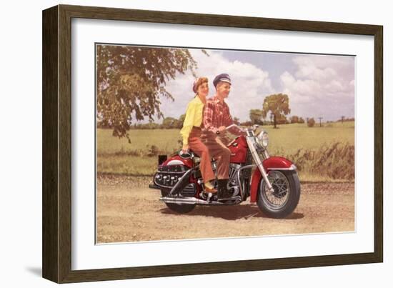 Couple on Red Motorcycle-null-Framed Art Print